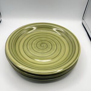 Set Of 4 CITRUS GROVE Hand Painted Swirl Ceramic Sage Green 10.5" Dinner Plate